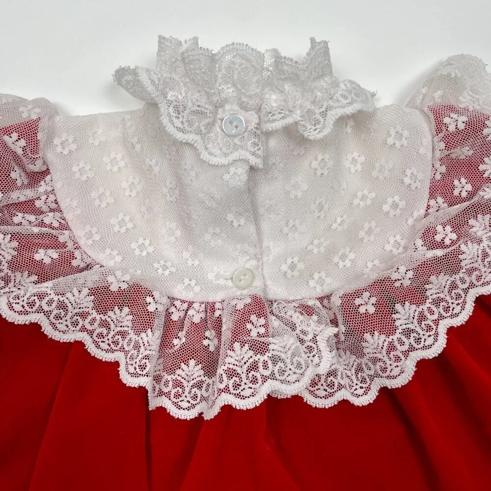 Vintage Toddler 18M Red Velvet and Lace Trim Christmas Dress w/ Bubble Sleeves